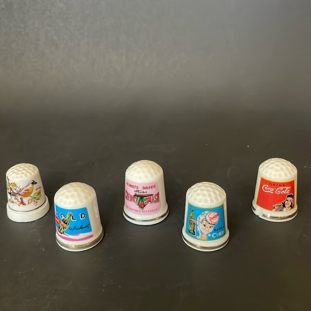Lot of (5) Collectible Thimbles COKE. CHERRY‎ SMASH Bird Japan Sewing Souvenir